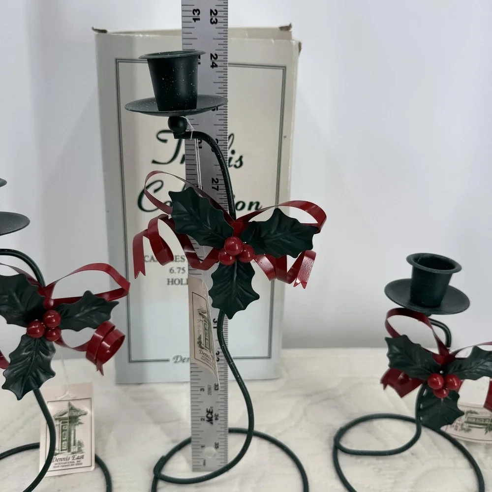 Vintage Dennis East Trellis Holly Ribbon Candlestick Set‎ Of 3 Christmas Decor